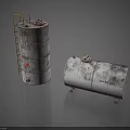 Rusty Vertical And Horizontal Storage Tanks With Yellow Ladder And Metal Bases
