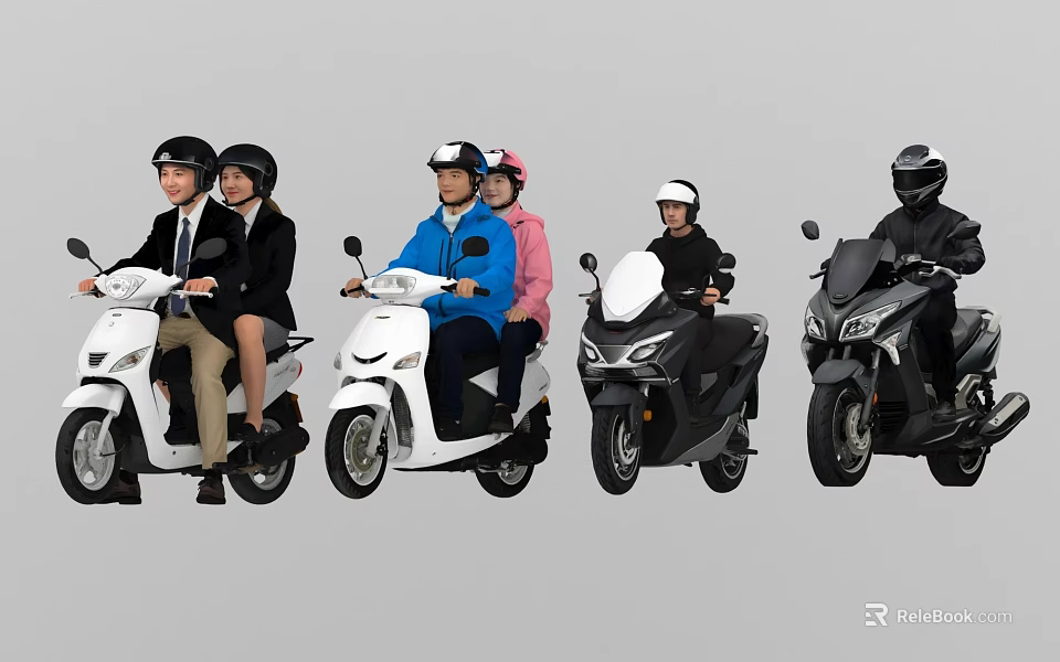 Group of People Riding Electric Scooters with Safety Helmets in Various Styles 3d model 