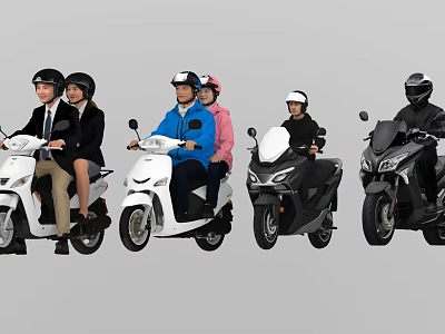 Group of People Riding Electric Scooters with Safety Helmets in Various Styles 3d model