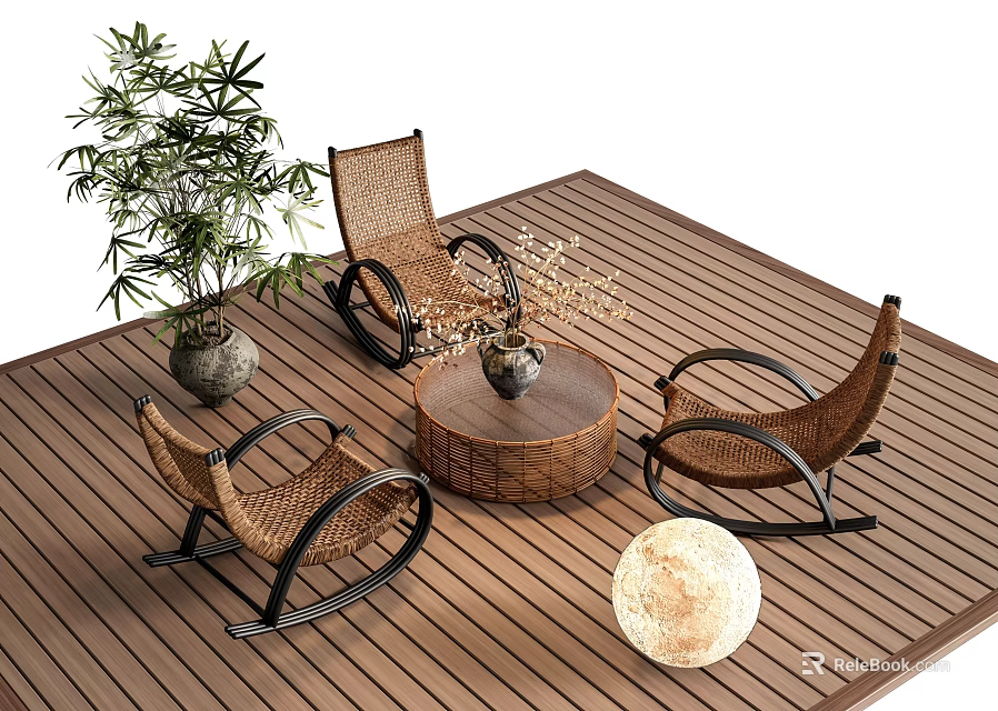 Outdoor Round Wooden Table with Wicker Rocking Chairs and Potted Plant on Wooden Deck 3d model 