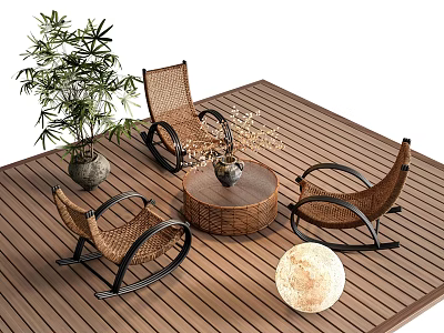 Outdoor Round Wooden Table with Wicker Rocking Chairs and Potted Plant on Wooden Deck 3d model