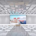 Modern Conference Room Interior With Large Screen White Chairs And Square Ceiling Design