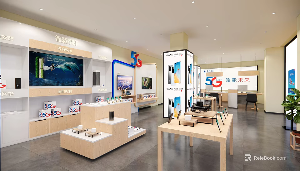 Modern Digital Store Interior With 5G Mobile Phones And Product Display Shelves 3d model 