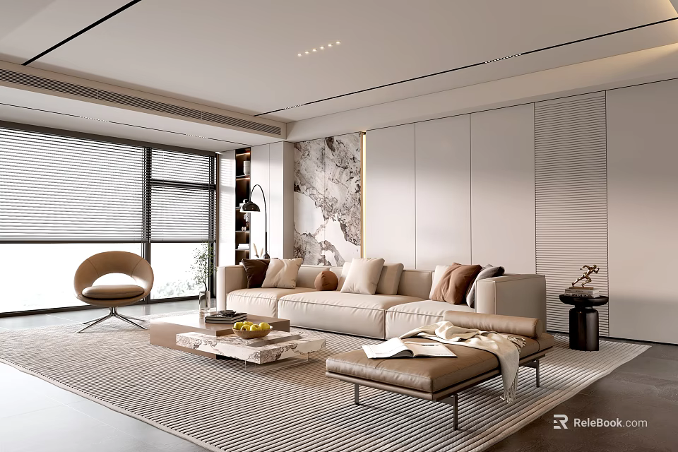 Modern Living Room Interior With Beige Sofa Coffee Table Area Rug And Decorative Wall 3d model 