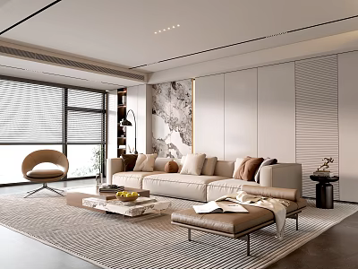 Modern Living Room Interior With Beige Sofa Coffee Table Area Rug And Decorative Wall 3d model