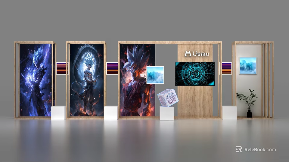 Modern Display Shelves With Art Posters Digital Screens Wooden Frame And Decorative Displays 3d model 