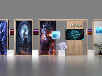 Modern Display Shelves With Art Posters Digital Screens Wooden Frame And Decorative Displays 3d model