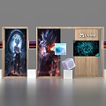 Modern Display Shelves With Art Posters Digital Screens Wooden Frame And Decorative Displays