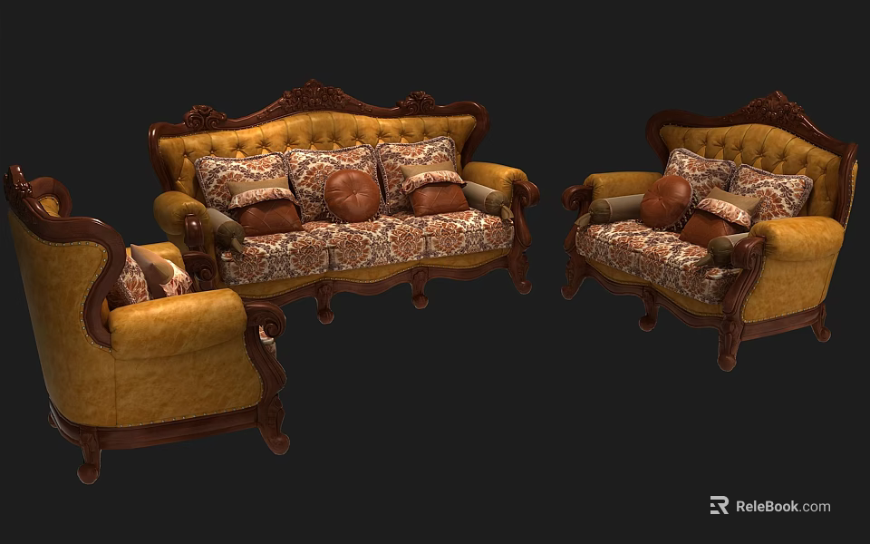 Classic Sofa Set With Carved Wooden Frame Patterned Fabric And Decorative Cushions 3d model 