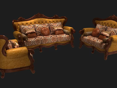 Classic Sofa Set With Carved Wooden Frame Patterned Fabric And Decorative Cushions 3d model