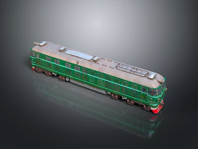 Vintage Green Train With Multiple Carriages And Shiny Metal Surface Reflection 3d model