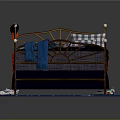 Starry Themed Double Bed With Metal Frame Plaid Pillows Table Lamp And Blue Starry Rug