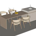 Modern Bar Counter Interior Design with Four Chairs Fruit Bowl Vase and Sink