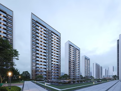 Modern High Rise Residential Buildings with Lit Windows Surrounded by Greenery Lawns and Trees 3d model