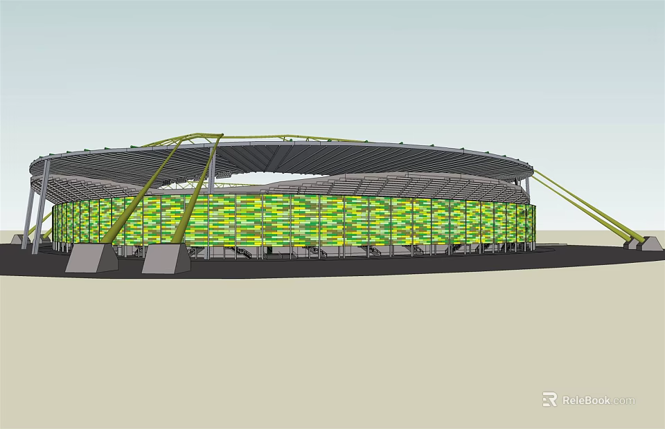 Modern Sports Stadium With Green Yellow Facade And Curved Roof Structure 3d model 