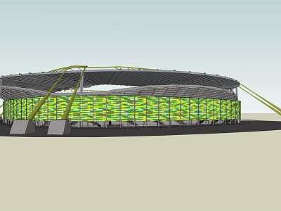 Modern Sports Stadium With Green Yellow Facade And Curved Roof Structure 3d model