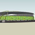 Modern Sports Stadium With Green Yellow Facade And Curved Roof Structure