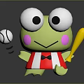 Cute Green Cartoon Frog Character Playing Baseball With Yellow Bat And Ball