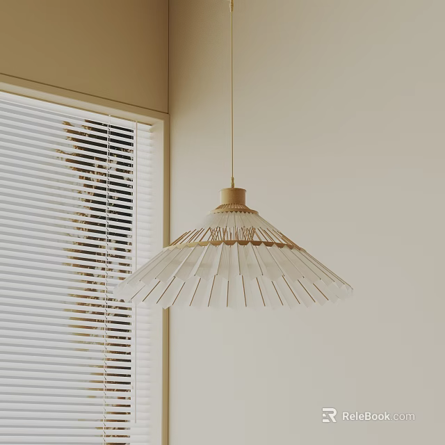 Modern Minimalist Pendant Light With Wooden Top And Fan-shaped Striped Shade For Interior Decoration 3d model 