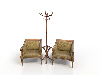 Classic Wooden Frame Single Sofa Pair With Patterned Upholstery And Coat Rack 3d model