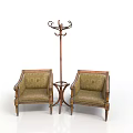 Classic Wooden Frame Single Sofa Pair With Patterned Upholstery And Coat Rack 3d model