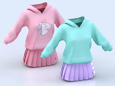 Cute Pink Unicorn Print and Light Blue Hoodies with Pink and Purple Pleated Skirts 3d model