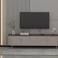 Modern TV Stand With Black Countertop Drawers Cabinets And Decorative Items