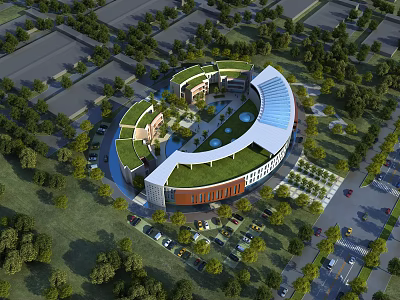 Modern Industrial Factory Building With Green Roof Surrounding Trees and Parking Area 3d model