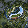 Modern Industrial Factory Building With Green Roof Surrounding Trees and Parking Area