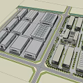 Modern Industrial Factory Complex With Multiple Flat Roof Buildings Greenery And Roads
