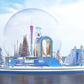 Christmas Photo Check In Spot with Giant Snow Globe Blue Steps and Decorated Christmas Trees