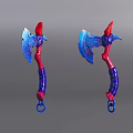 Two Ornate Red And Blue Axes With Decorative Blades And Coiled Handles