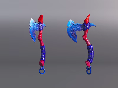 Two Ornate Red And Blue Axes With Decorative Blades And Coiled Handles 3d model