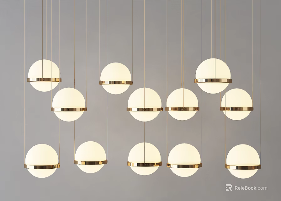 Modern Spherical Pendant Lights With Gold Trim And White Globes Hanging 3d model 