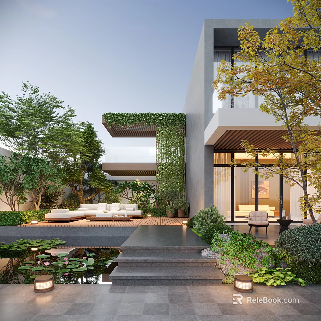 Modern Courtyard Garden With Green Foliage Ivy Covered Wall Outdoor Sofas Water Pond And Steps 3d model 
