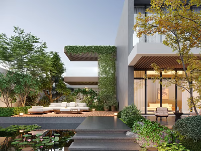 Modern Courtyard Garden With Green Foliage Ivy Covered Wall Outdoor Sofas Water Pond And Steps 3d model