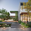 Modern Courtyard Garden With Green Foliage Ivy Covered Wall Outdoor Sofas Water Pond And Steps