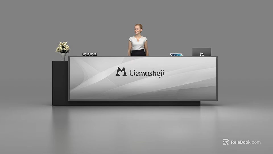 Modern Reception Desk With Logo Receptionist Flower Vase And Computer 3d model 
