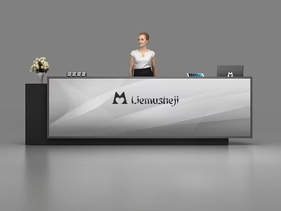 Modern Reception Desk With Logo Receptionist Flower Vase And Computer 3d model