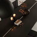 Modern Black Dining Table Set with Chairs Hanging Pendant Light Candles and Decorative Vases