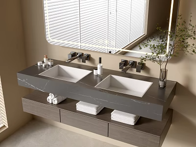 Sleek Modern Bathroom Vanity With Double Marble Countertop Sinks Large Mirror And Folded Towels Drawers 3d model