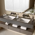 Sleek Modern Bathroom Vanity With Double Marble Countertop Sinks Large Mirror And Folded Towels Drawers