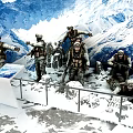 Military Soldiers Climbing Snowy Mountain With Tactical Gear And Weapons