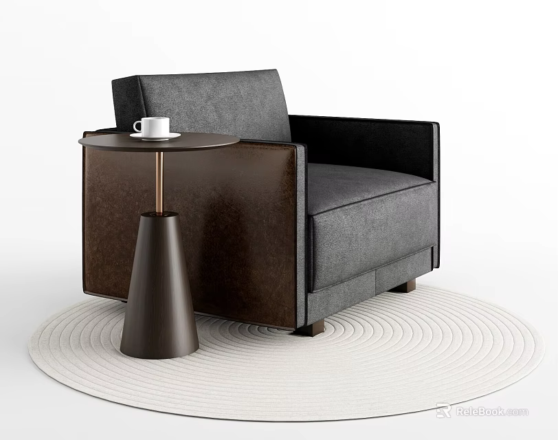 Gray Single Sofa with Dark Wooden Side Table White Cup on White Round Rug 3d model 