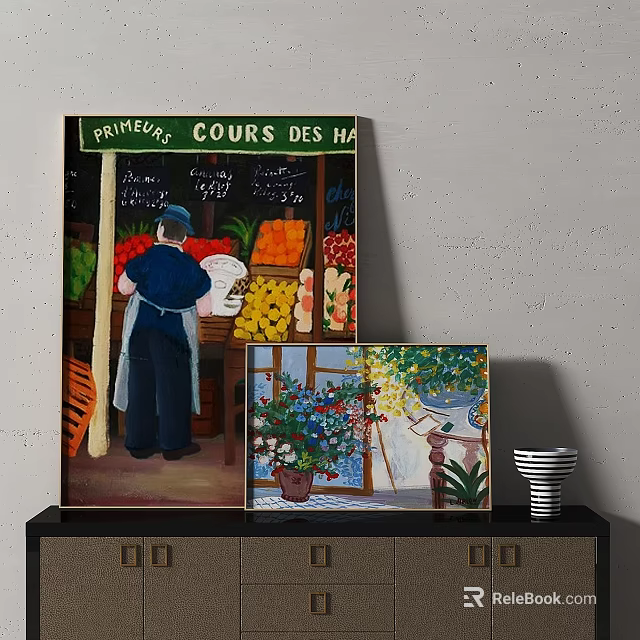 Vintage Paintings of Fruit Market Scene and Floral Arrangement Wall Art Decor 3d model 