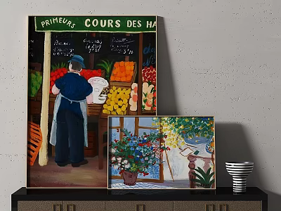Vintage Paintings of Fruit Market Scene and Floral Arrangement Wall Art Decor 3d model