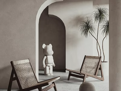 Modern Rattan Leisure Chair With Archway Decorative Bear Figure And Palm Plant 3d model