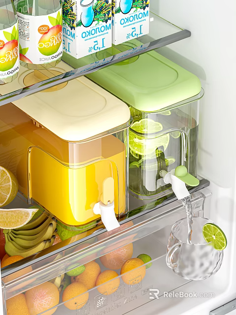 Transparent Kitchen Juice Containers With Press Dispenser And Fresh Fruit Slices 3d model 