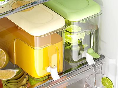 Transparent Kitchen Juice Containers With Press Dispenser And Fresh Fruit Slices 3d model