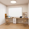 Modern Study Room Interior With Long Desk Two Chairs Laptops And Window Blinds 3d model